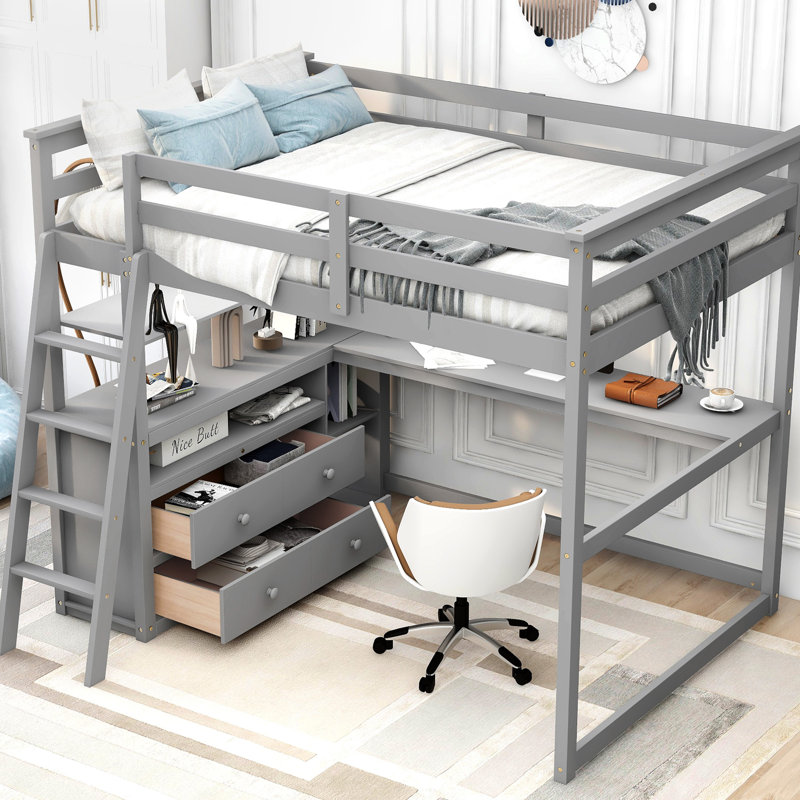 Lit mezzanine simple blanc avec bureau, tablettes et étagère à tiroirs, Lit double