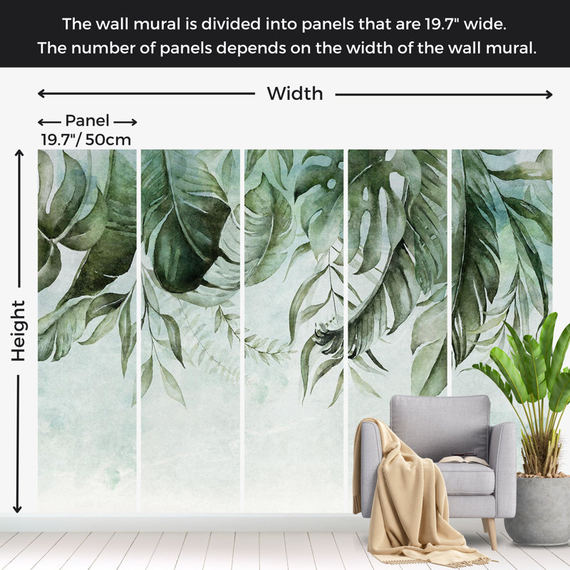 Papier peint botanique - histoire de la jungle verte, L 124 po x l 177 po