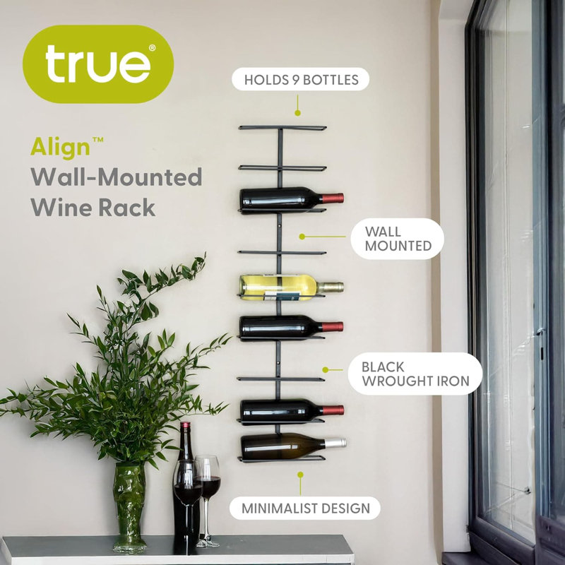 Support à vin mural pour 9 bouteilles, design moderne en fer forgé noir, solution de rangement pour alcool peu encombrante, présentoir minimaliste pour la cuisine ou le bar