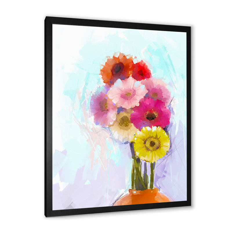 «Paintbrush Gerbera Flower Impression» - Art mural sur toile traditionnel, Cadre photo noir, L 12 po x H 20 po x P 1 po