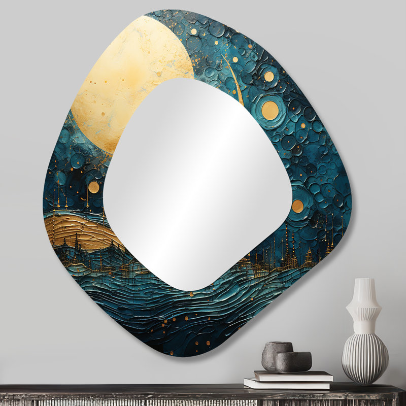 Dahle Moon Blue And Gold Cerulean Cycle Dreams V - Moon Asymmetrical Decorative Wall Mirror, Blue Unique Shape Mirror, Printed Metal Art