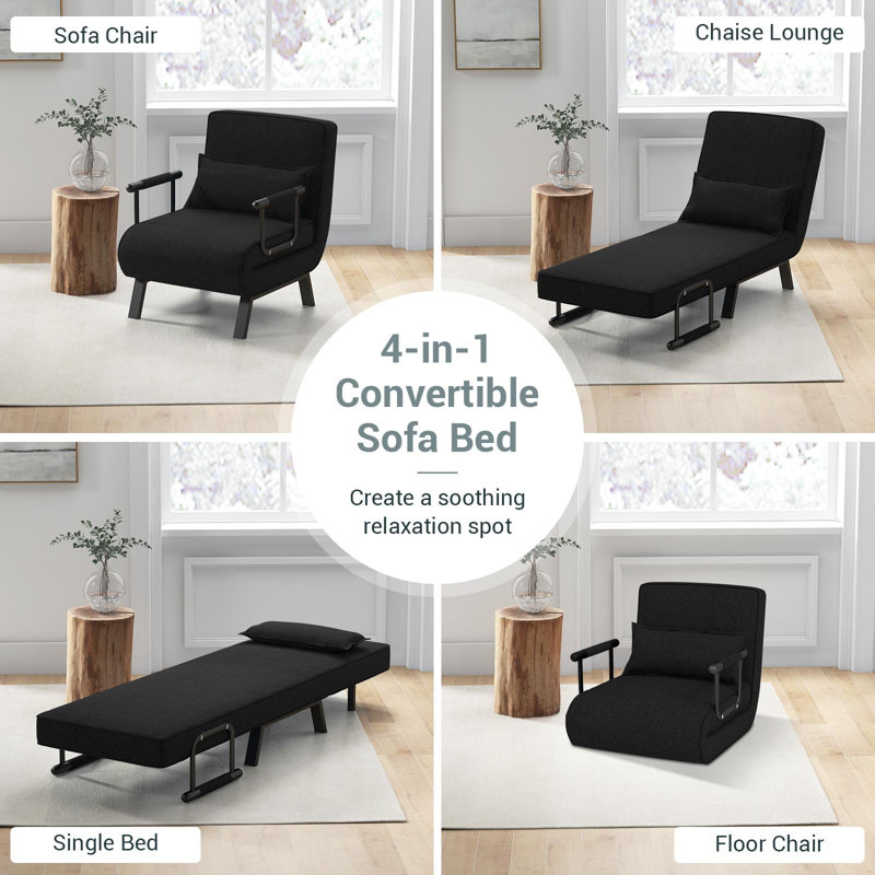 Single 25.5'' Upholstered Futon Chair, Black 100% Linen