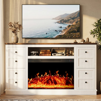 Meuble télé 62 po avec foyer électrique, armoire à deux portes avec lecteur de musique et homologué UL