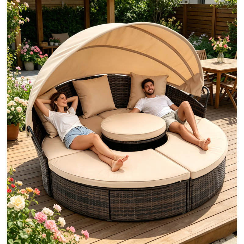 Rattan Round Lounge With Canopy Bali Canopy Bed Outdoor, Wicker Outdoor Sofa Bed, Beige