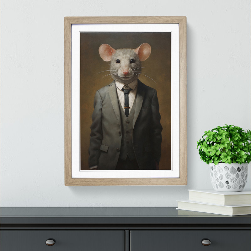 Mouse In A Suit Painting - Single Picture Frame Print on Wood, 34cm H x 25cm W x 2cm D, Oak Framed