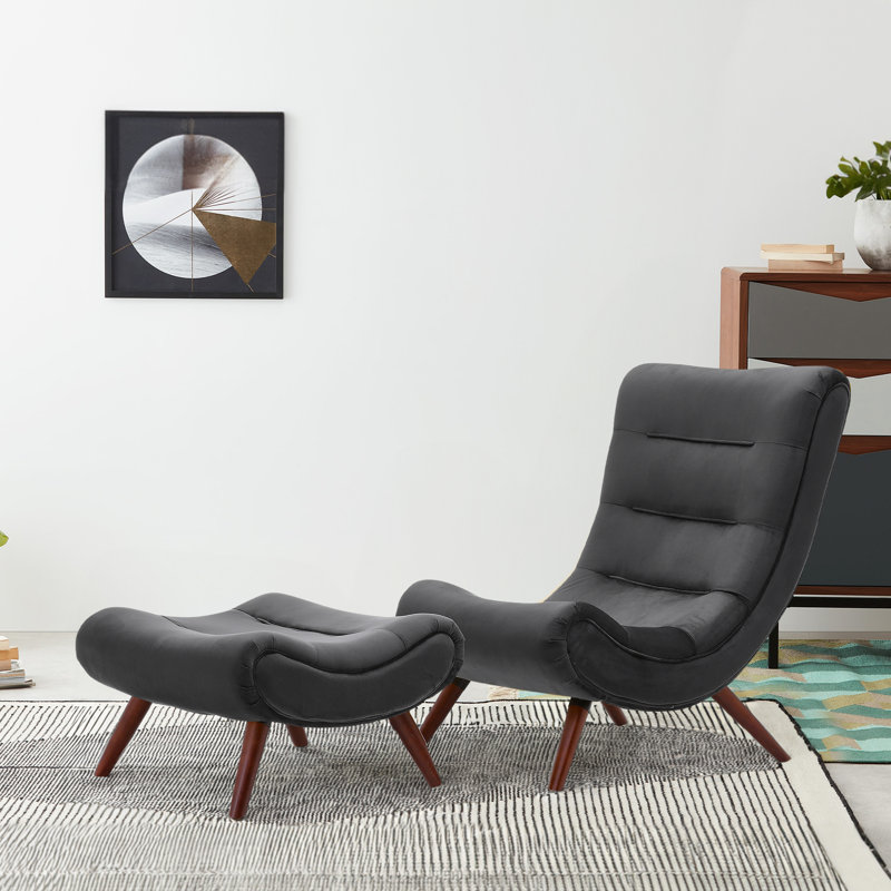 Aeliana Upholstered Accent Chair with Footstool, Black Velvet 