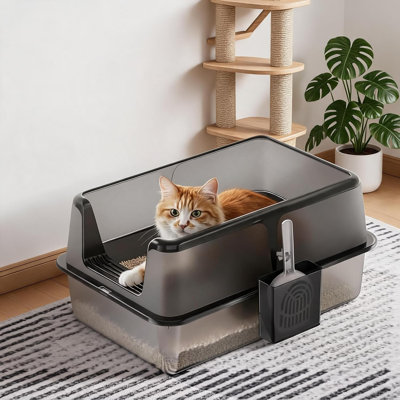 Bac à litière pour chat en acier inoxydable avec couvercle et pelle - antiadhésif, anti-fuites et anti-odeurs - bac fermé pour chats multiples - noir