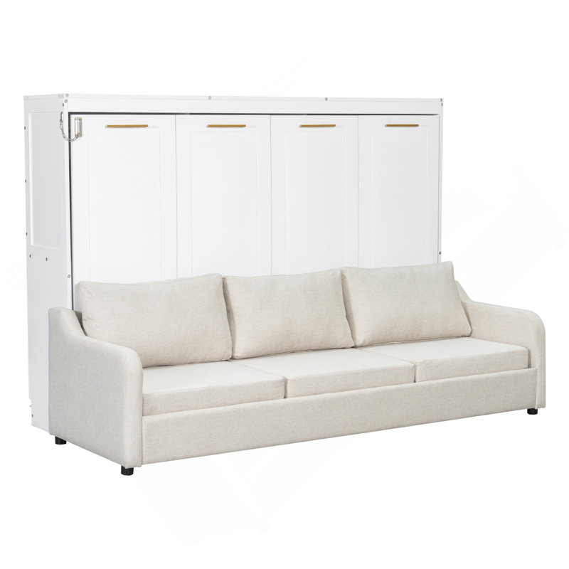 Lit escamotable pleine grandeur avec canapé pliant, tablettes de rangement intégrées et lumière DEL, beige, Lit double