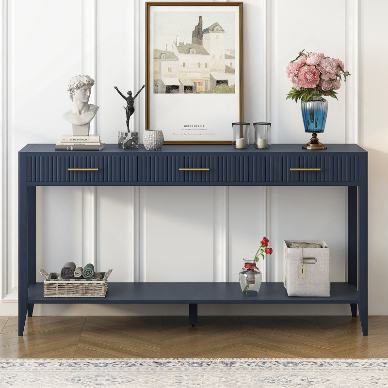 High-Quality Entryway Console Table with Vertical Stripe Drawers, Long Legs, Navy Blue