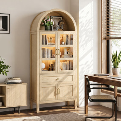 71'' Tall Full Wood Arched Storage Cabinet Adjustable Shelves Bookcase With LED Lights