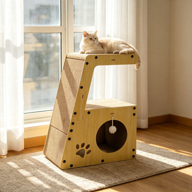 Grattoir en bois, un grattoir vertical qui économise de l'espace, avec un tabouret à griffer et des jouets suspendus, convient aux chats d'intérieur