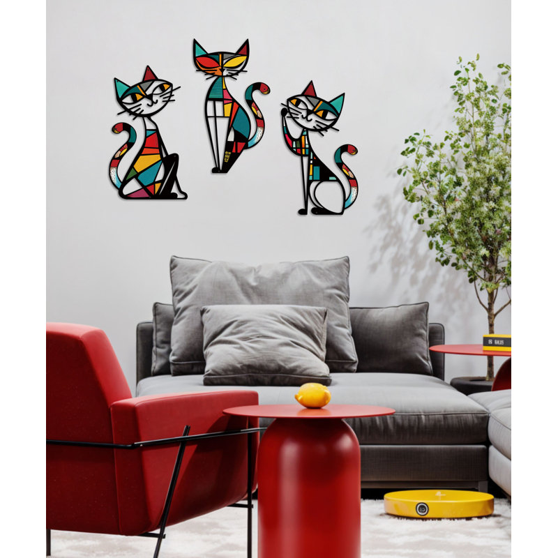 Cat Metal Wall Decor, Iron Wall Hanging for Cat Lovers, Colorful Mid-Century Geometric Retro Wall Sculpture for Living Room Bedroom Kitchen Office, 13.77 x 9.84 in