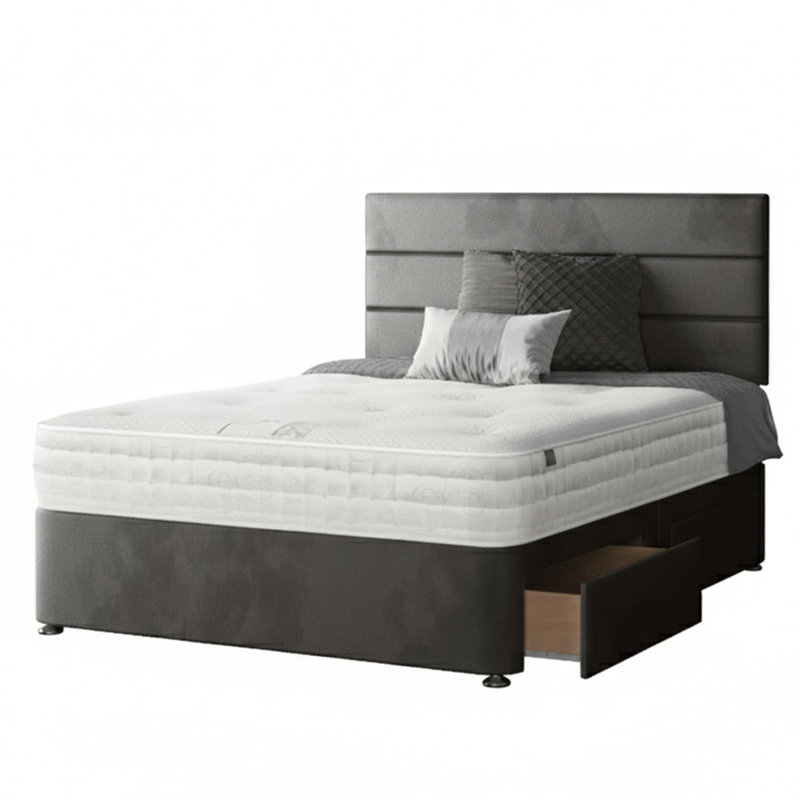 Hayder Upholstered Bed, Double (4'6), Charocal, 2 Foot-end Drawers