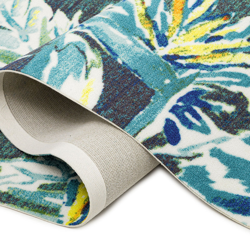 Sunshine Outdoor Plant Floral Area Rug Green/Blue/Yellow, Rectangle 3'6" x 5'6"