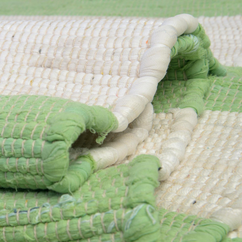 Tapis vert / blanc en coton noué à la main Calin, Carré 5 pi 1 po