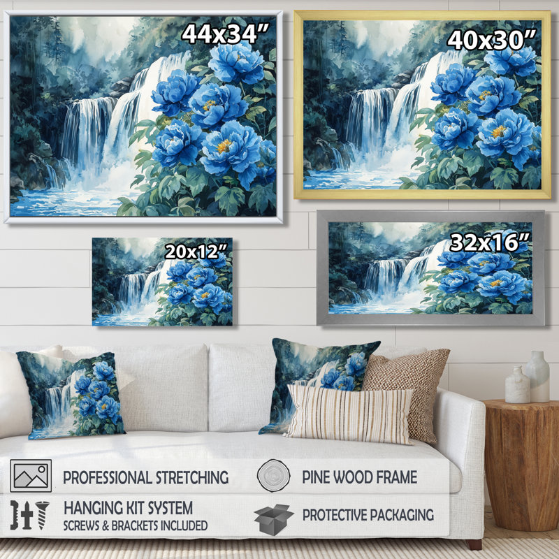 Peonies By The Waterfall V - Peonies Wall Art, Single Picture Framed Print, Black, 12" H x 20" W