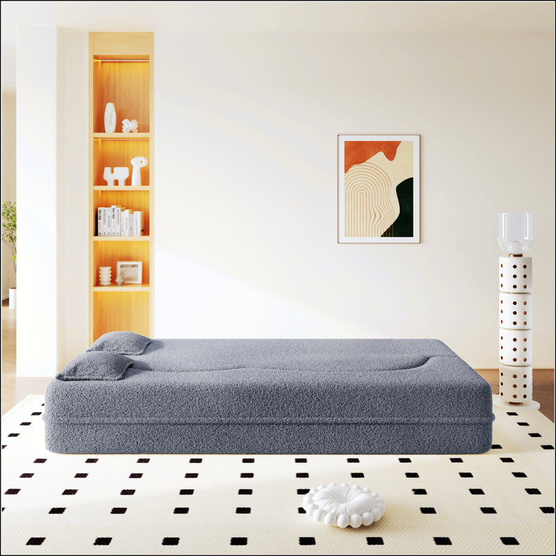 Modern Convertible Teddy Fabric Sofa Bed With 2 Pillows, 15/, Dark Grey