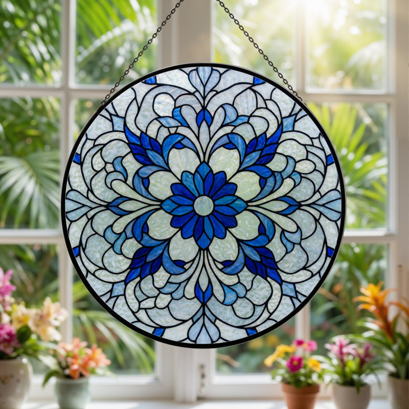 Panneau de vitrail floral bleu 7,8 "H, H 7,8 po x l 7,8 po