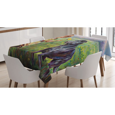 Ambesonne Country Tablecloth, Paint Of A Little Girl Her Tiny Flower Dog In The Meadow Pastoral Artwork, Rectangular Table Cover For Dining Room Kitchen Decor, 52" X 70", Multicolor