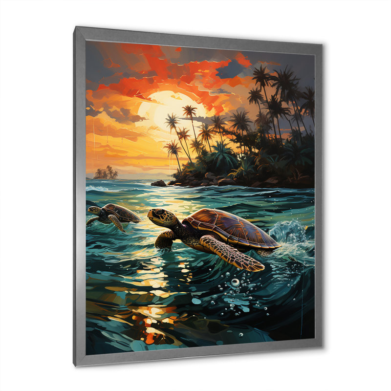 Dreamy Tropical Sunset Turtle Beach I - Tortue, art mural animal, Cadre photo argenté, H 32 po x l 16 po x P 1 po