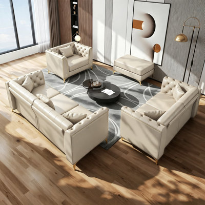 Ensemble de canapé modulaire luxueux en cuir capitonné Chesterfield avec pieds en métal doré