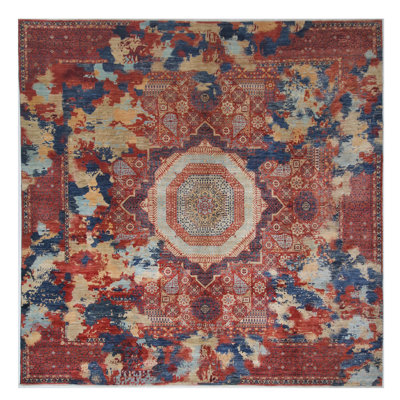High-Quality Hand-Knotted Red And Navy Area Rug