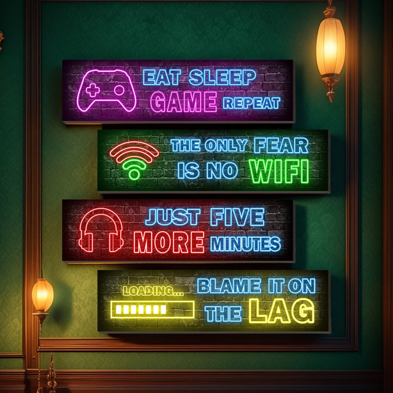 4 Pcs Printed Neon Gaming Posters, 3.2" H x 12" W