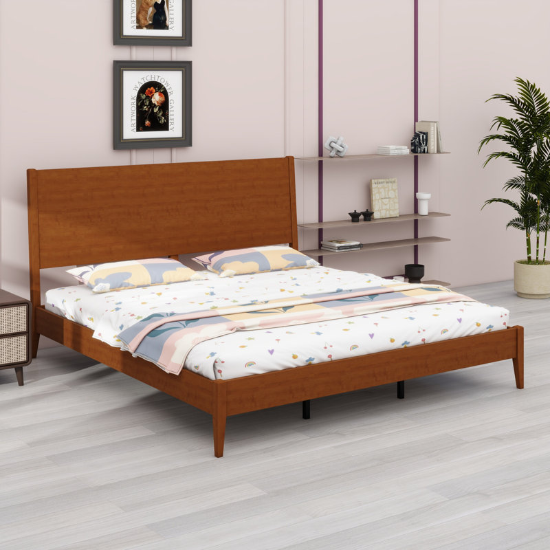 Base de lit de style Mid-Century, lattes en bois massif et support en métal, Walnut