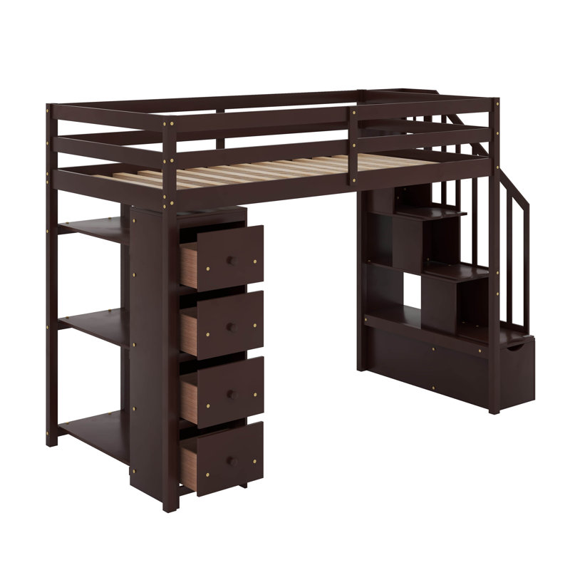 Lit mezzanine simple avec tiroirs et escaliers, Espresso