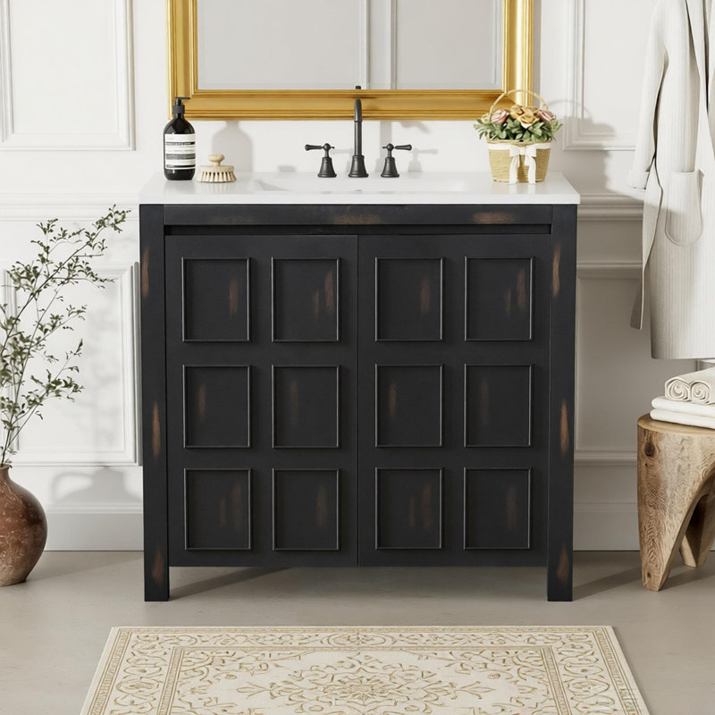 36" Bathroom Vanity Organizer With Ceramic Sink Soft Close Doors, Adjustable Shelves, Espresso