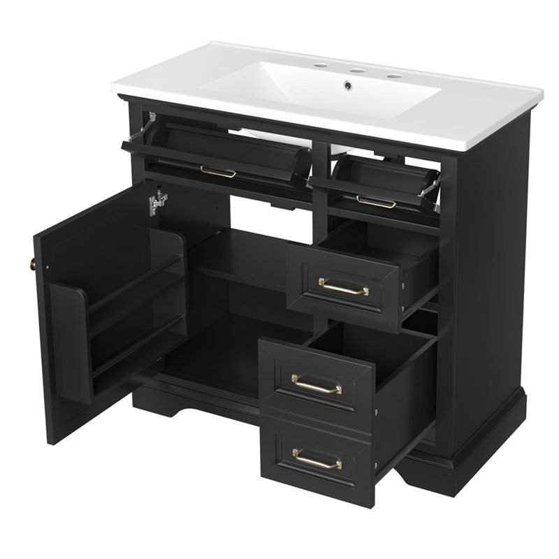 Meuble-lavabo 36 po avec lavabo en céramique, 2 tiroirs basculants, charnières de porte à fermeture en douceur, Noir