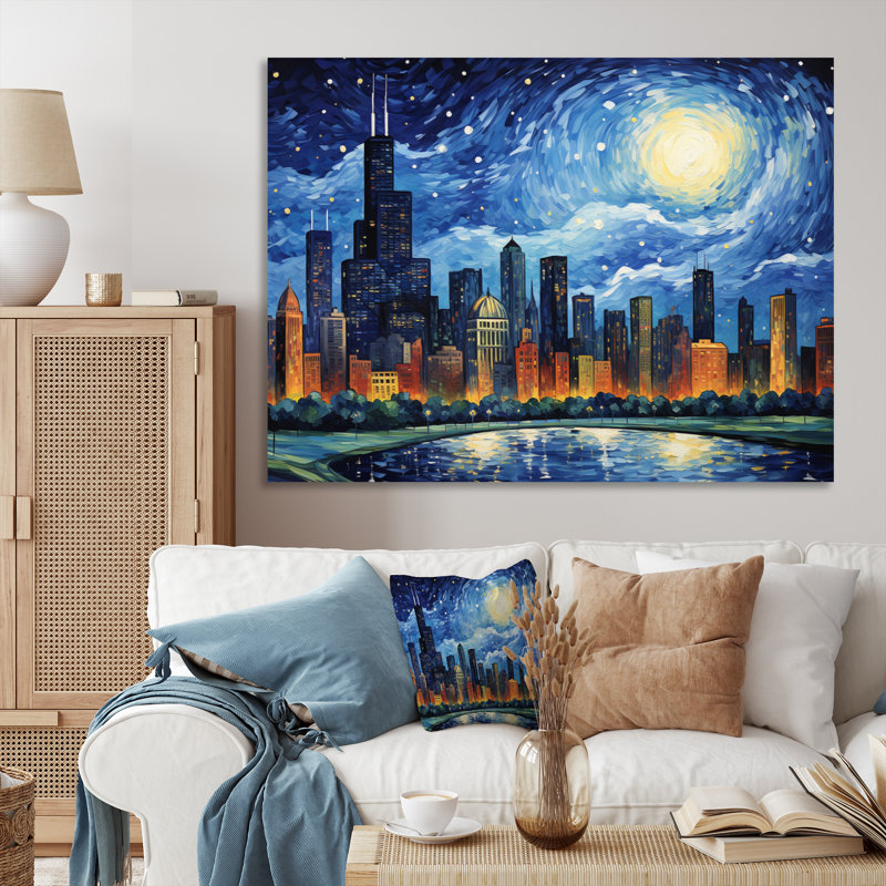 «Chicago The Starry Night», art mural sur toile Chicago, 16" H x 32" W, Toile tendue