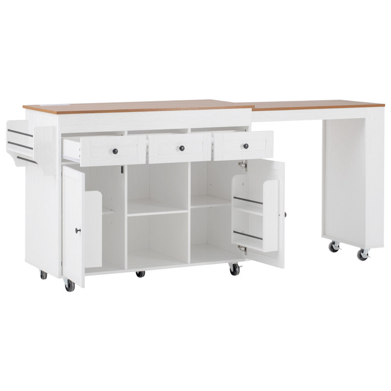 85.5" Kitchen Island with Extendable Dining Table, Kitchen Storage Table with 3 Side Open Shelves, Rolling Kitchen Island with Power Outlet, 3 Drawers, 2 Doors