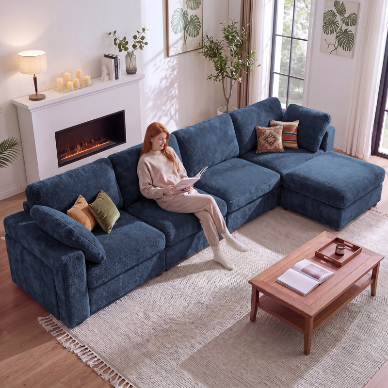 5 - Piece Teddy Modular Sectional Sofa Cloud Couch with Ottoman and 2 Storage Side Table, Blue, 4