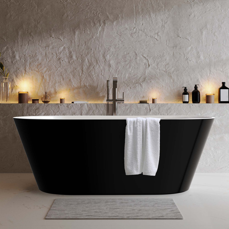 55'' W x 28'' D Freestanding Soaking Bathtub Contemporary Stand Alone Oval Tub with Center Drain & Integrated Overflow, Black