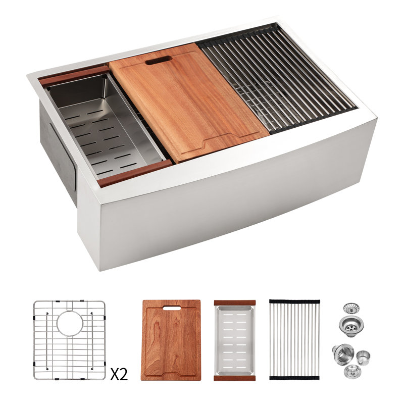 33 po Évier de cuisine à double cuve en acier inoxydable avec planche à découper Farmhouse