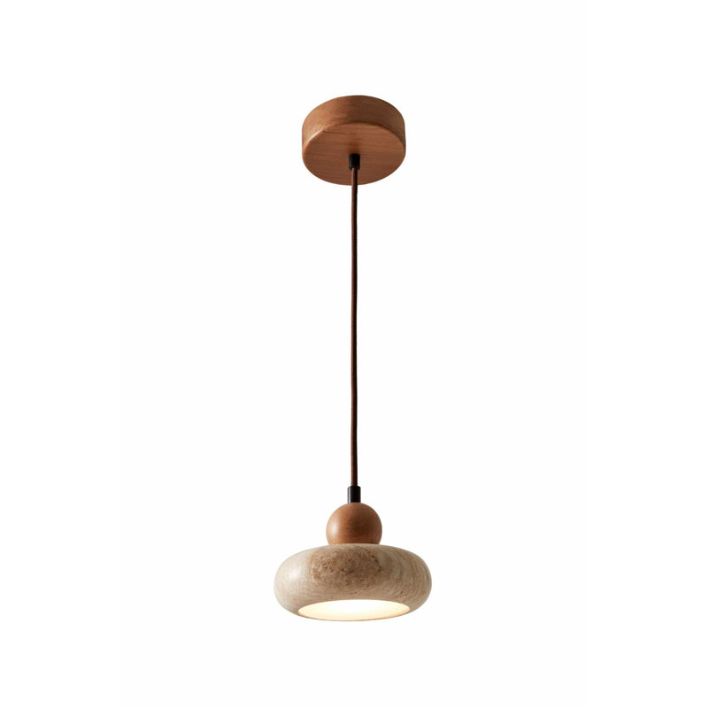 Lustre en bois réglable élégant, finition beige et chêne, capuchon de 5,9 po x 2,0 po | Hauteur totale: 5,5 pi | Élégant chapeau en travertin | Parfait pour l'éclairage du salon et de la salle à manger | 220 à 240 V, indice de protection IP20