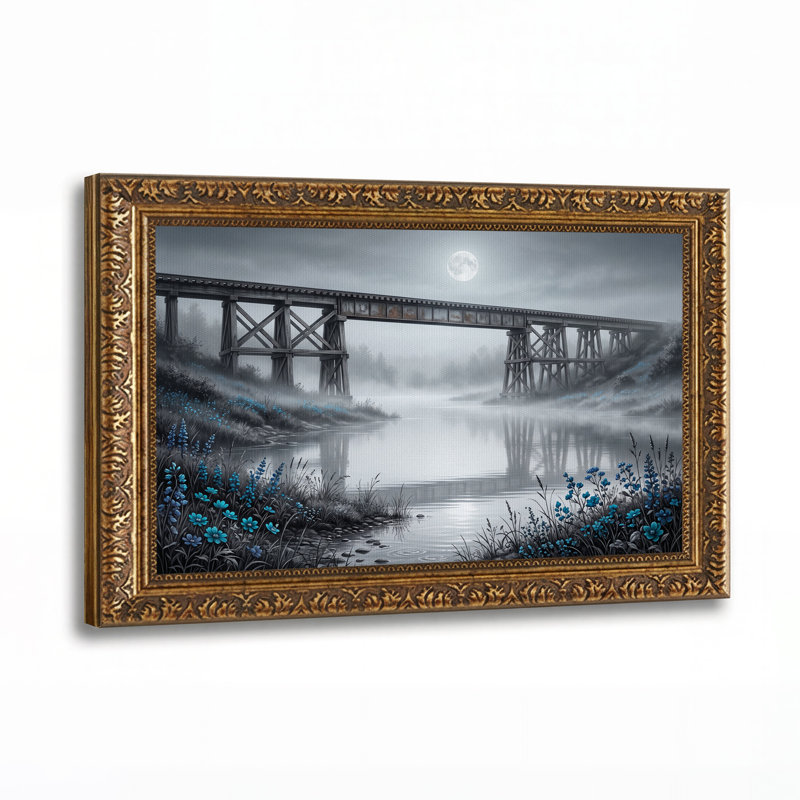 " Moonlit Wooden Trestle Bridge With Blue Flowers " Painting Print, 16"H x 24"W