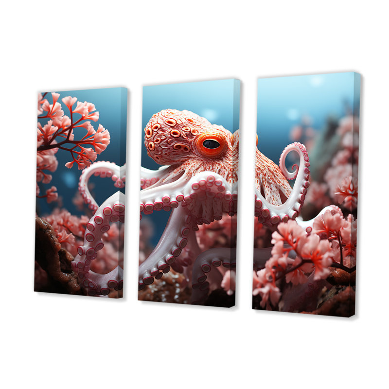 «Pink Octopus Garden of Tranquility» - ensemble de reproductions d'art mural pieuvre / calmar, H 40 po x l 60 po