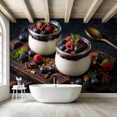 Papier peint adhésif pelez et collez, yogourt, granola, baies, fruits, chocolat, art mural auto-adhésif et amovible