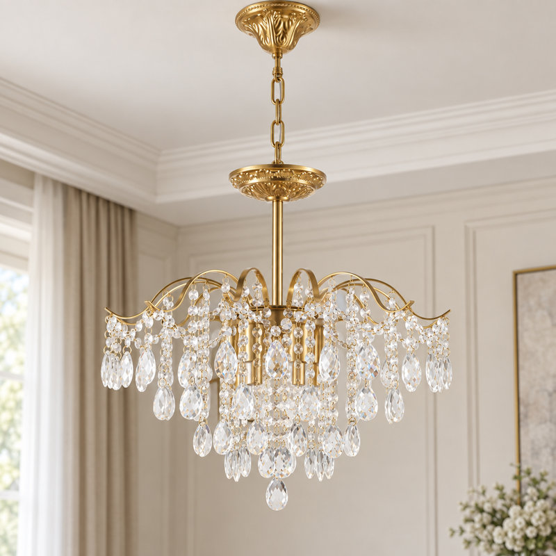 Lustre en fer doré et cristal à 6 lumières de 50 cm (19,7 po) avec chaîne réglable pour salle à manger, salon et entrée, gold