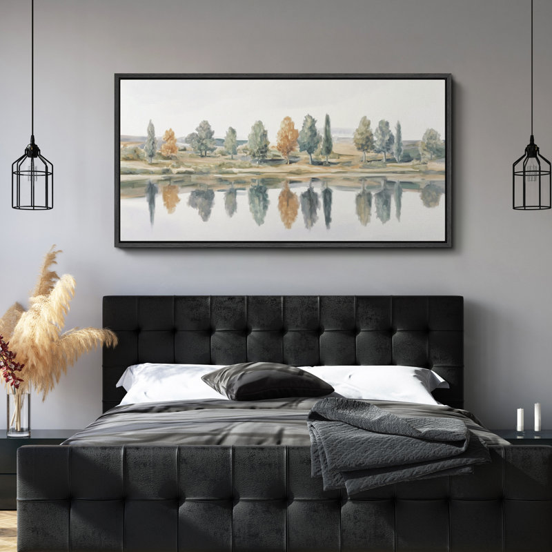 Tranquil Lakeside Landscape with Autumn Trees and Mirror Reflection - Large, impression encadrée sur toile encadrée dans la chambre principale