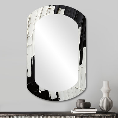 Momentary Spirit noir et blanc abstrait I - peinture abstraite, miroir décoratif de forme unique, grand miroir mural de forme libre moderne, impression d'art en métal
