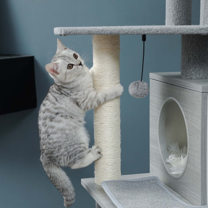 Tour de jeu moderne à plusieurs étages avec poteaux à griffer pour chat