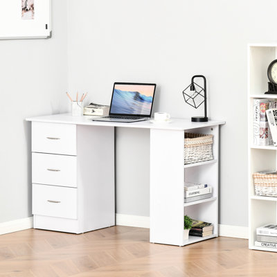 47" White Desk With 3 Drawers And Shelf Space - Modern Workstation For Home Office, Bedroom, Dorm, Apartment Office Computer In White, Storage Shelves
