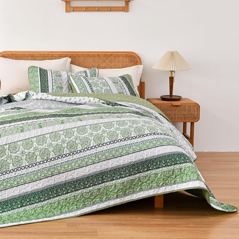 Ensemble de courtepointe 3 pièces Boho, Courtepointe pour lit grand + deux taies décorati, Vert olive
