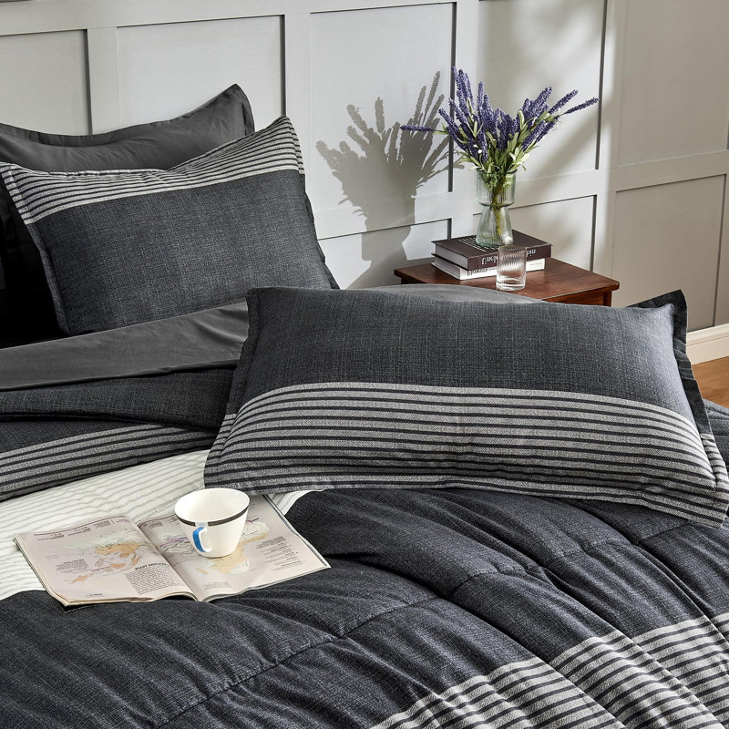 Ensemble d'édredon pour lit très grand Andency 7 pièces - lit dans un sac rayé blanc et noir, ensemble de literie toutes saisons en microfibre douce avec édredon, drap-housse, taies d'oreiller et taies décoratives