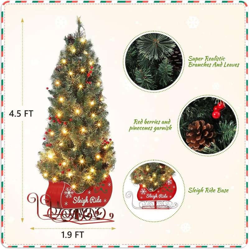 Arbre de Noël pré-éclairé de 4,5 pi avec lumières DEL, mini arbre artificiel avec embouts d'épinette réalistes et base de traîneau pour la décoration intérieure de maison et de bureau