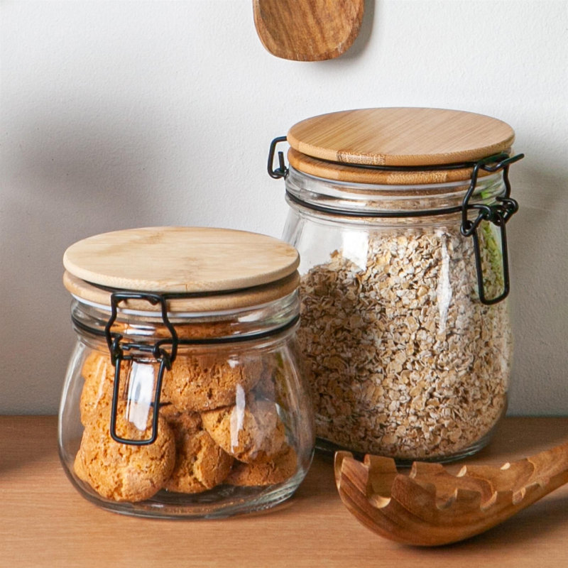 Argon Tableware - Wooden Clip Lid Storage Jars - White Seal - Set of 3, 10.5cm H x 11cm W x 12.5cm D