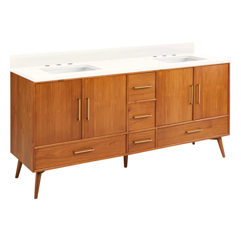 72" Novak Double Bathroom Vanity Set with Rectangular Undermount Sinks, Natural Teak, 8" Widespread, Arctic White Quartz